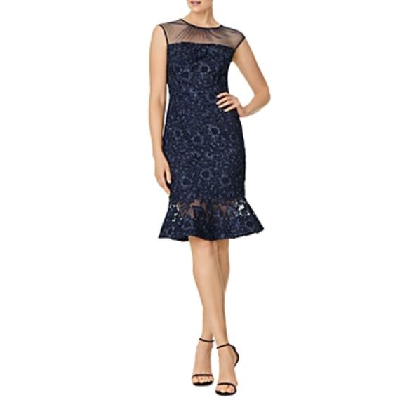 Aidan Mattox Women's Cocktail Dress Size 10 Blue Metallic Lace Midi Sheath - Picture 10 of 12